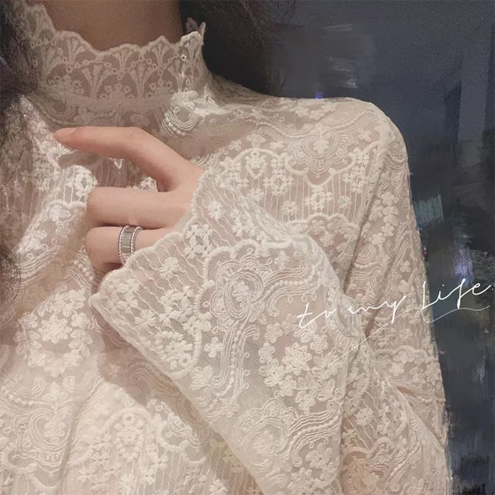 Lace blouse top floral womens long sleeve cream white - Picture 2 of 7